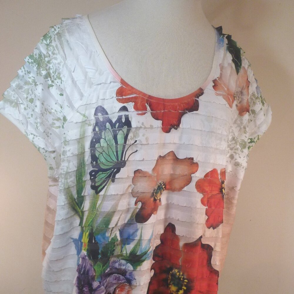 Women 18 20 Art Shirt Top Blouse Colorblock Lagenlook Overlay Pleat Floral Multi